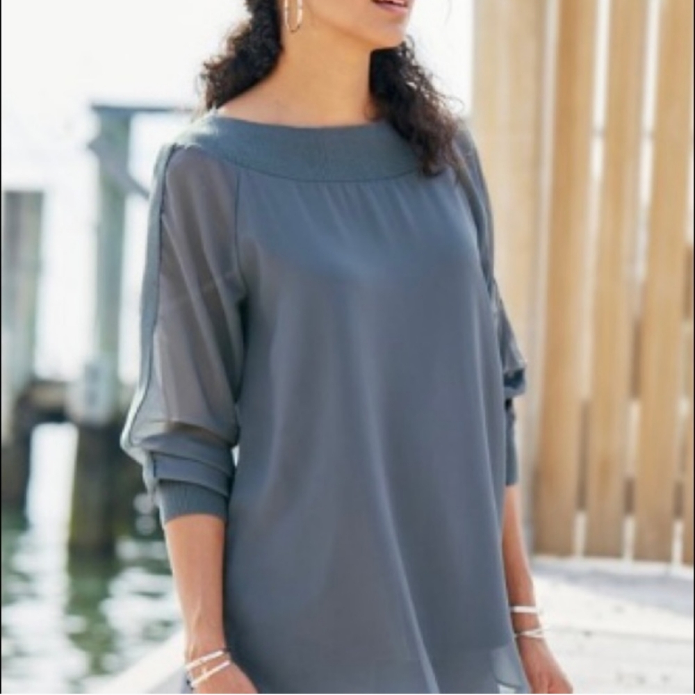 Soft Surroundings tunic blouse long sleeve bateau neck chiffon gray grey size XS